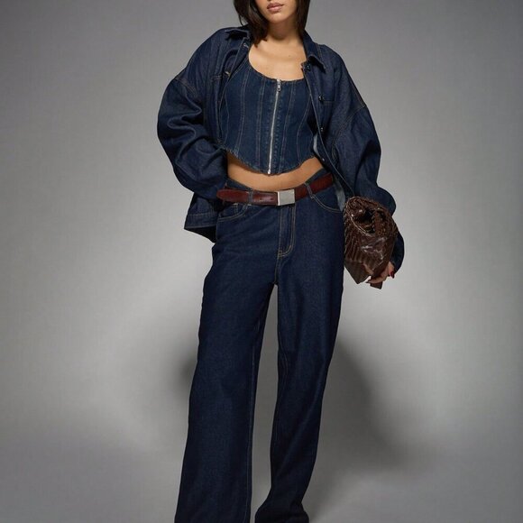 Navy Blue Casual Women's Zip Through Halter Neck Denim Top - Picture 3 of 6